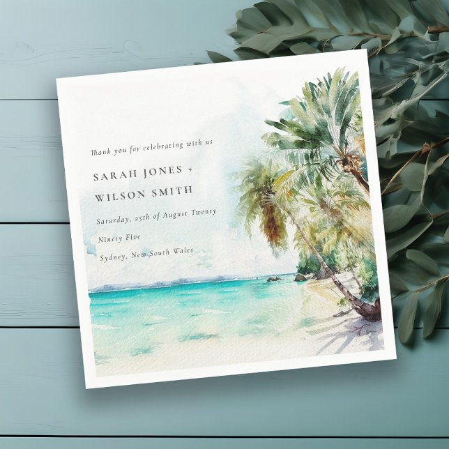 Serviette En Papier Sable Tropical Beach Aquarelle Palm Trees Mariage (Créateur téléchargé)