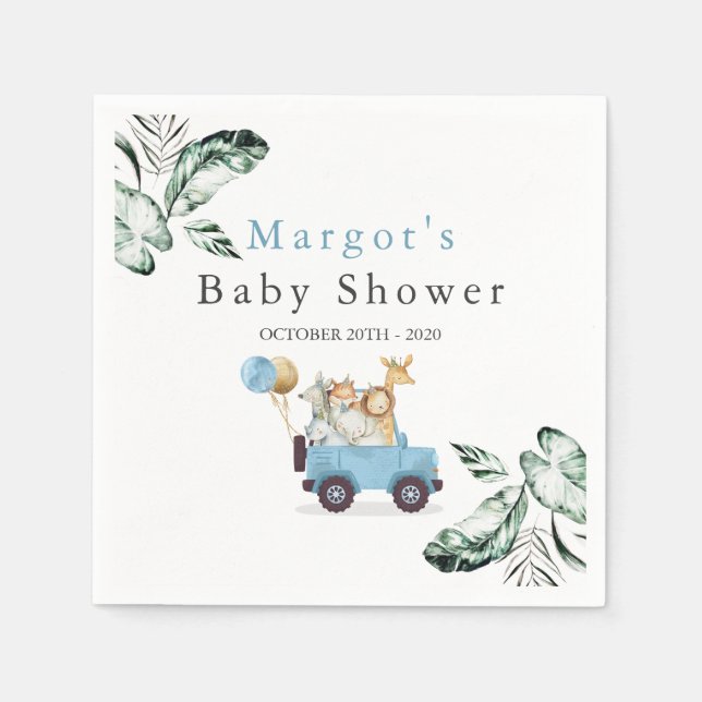 Serviette En Papier Safari Animaux Conduite Par Baby shower Verdure Or (Devant)