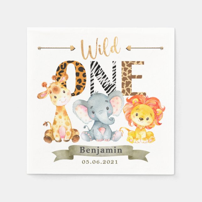 Serviette En Papier Safari Animaux Wild Un Anniversaire serviettes (Devant)