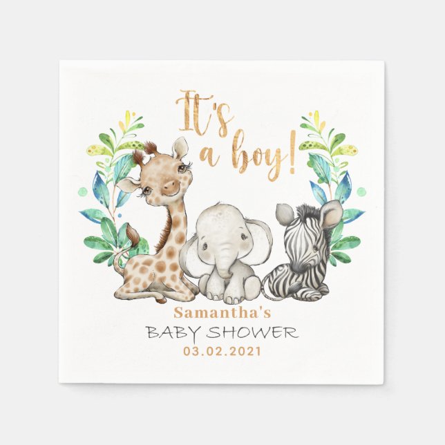 Serviette En Papier Safari Wild Giraffe Zebra Elephant Baby shower (Devant)