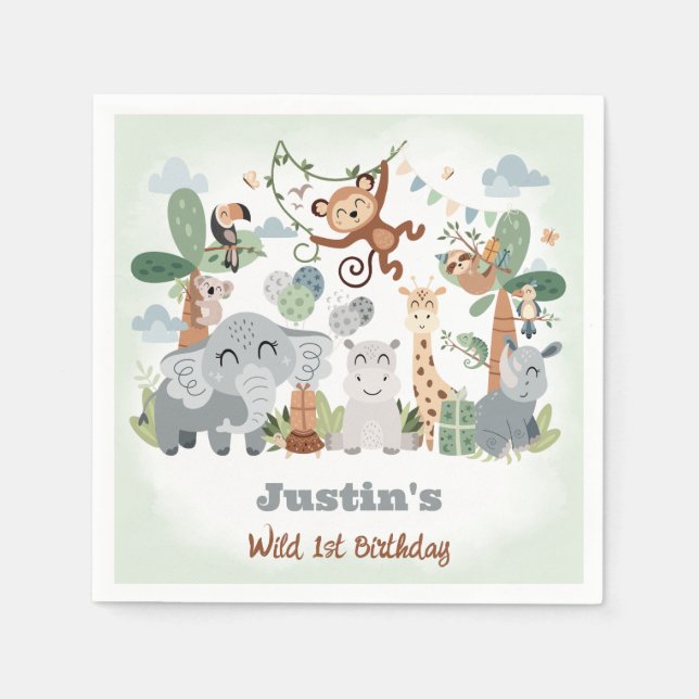 Serviette En Papier Safari ZOO Animaux Wild One Green 1er Anniversaire (Devant)