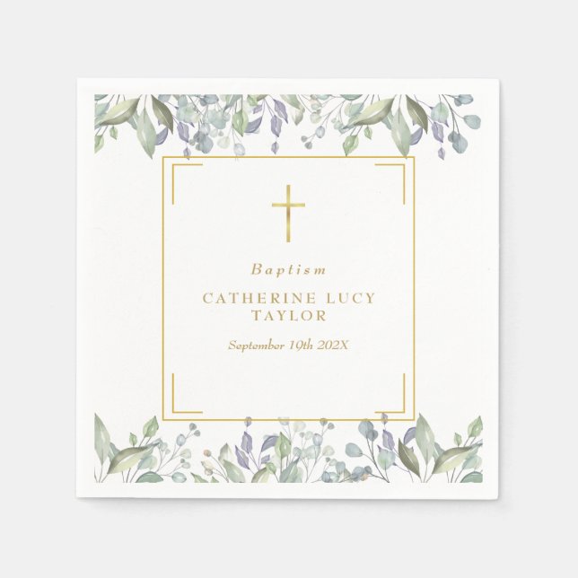 Serviette En Papier Sage et Lilac Floral Baptême Christening (Devant)