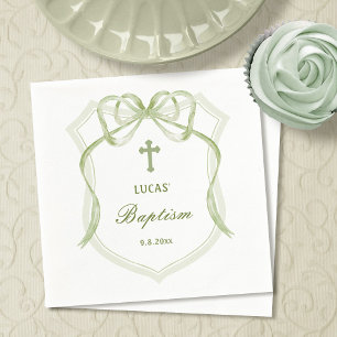 Serviette En Papier Sage Green Bow Crest Baptême