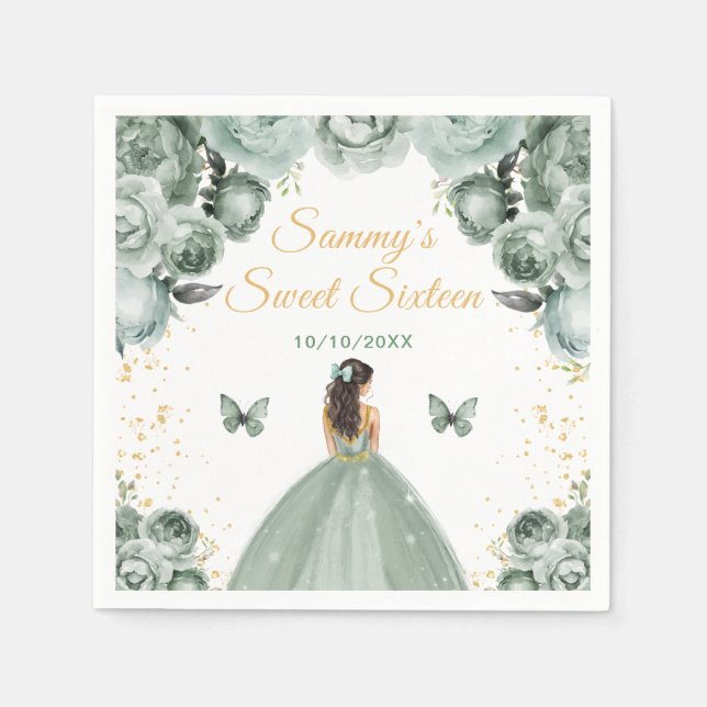 Serviette En Papier Sage Green Brunette Cheveux Princesse Sweet sixtee (Devant)