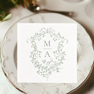 Serviette En Papier Sage Green Classic Floral Crest Monogramme Mariage