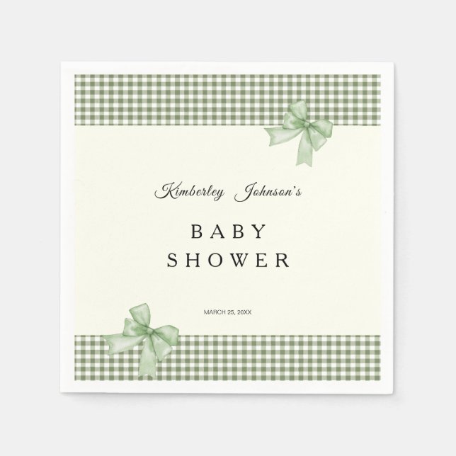 Serviette En Papier Sage Green En vichy Baby shower Invitation et vach (Devant)