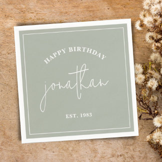 Serviette En Papier Sage Green Minimaliste Anniversaire Personnalisé N