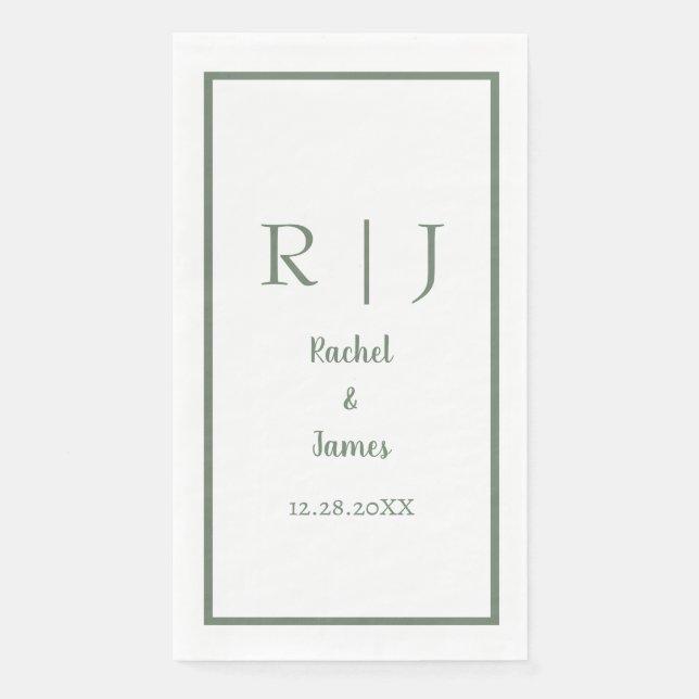 Serviette En Papier Sage Green Monogramme Nom Mariage minimal élégant (Devant)