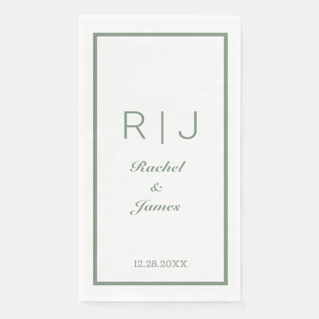Serviette En Papier Sage Green Nom Monogramme Élégant Mariage minimal (Devant)