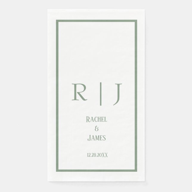 Serviette En Papier Sage Green Nom Monogramme Mariage minimal élégant (Devant)