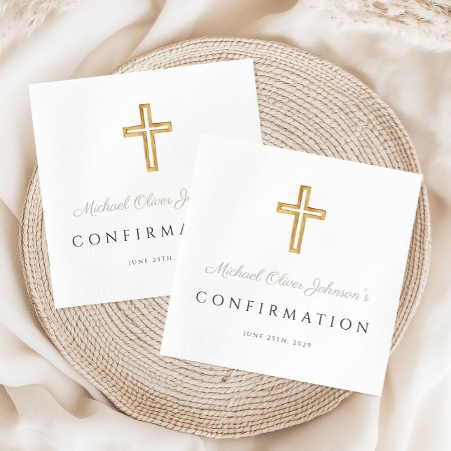 Serviette En Papier Sage Green Script Confirmation de la croix religie (Sage Green Script Religious Cross Confirmation Napkins)