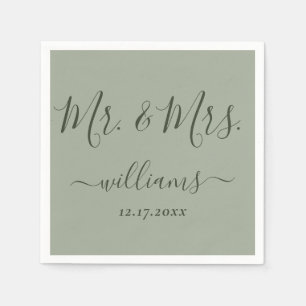 Serviette En Papier Sage Green Script moderne M. et Mme Mariage