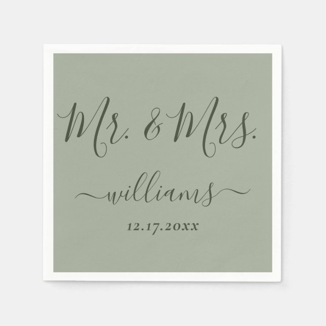 Serviette En Papier Sage Green Script moderne M. et Mme Mariage (Devant)