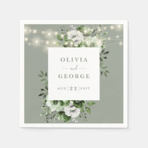 Serviette En Papier Sage Green String Lights Floral Mariage Napkin