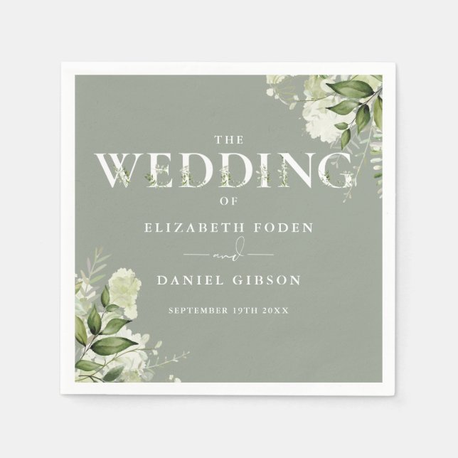 Serviette En Papier Sage Greenery Floral Typographie Mariage (Devant)