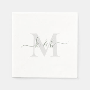 Serviette En Papier Sage & Gris Monogramme Swash Script Blanc Cocktail