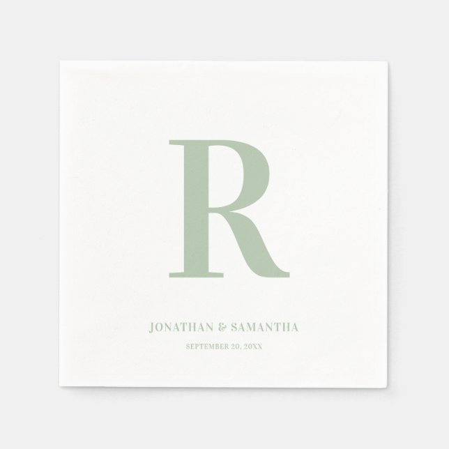Serviette En Papier Sage vert et blanc Mariage Monogramme moderne (Devant)