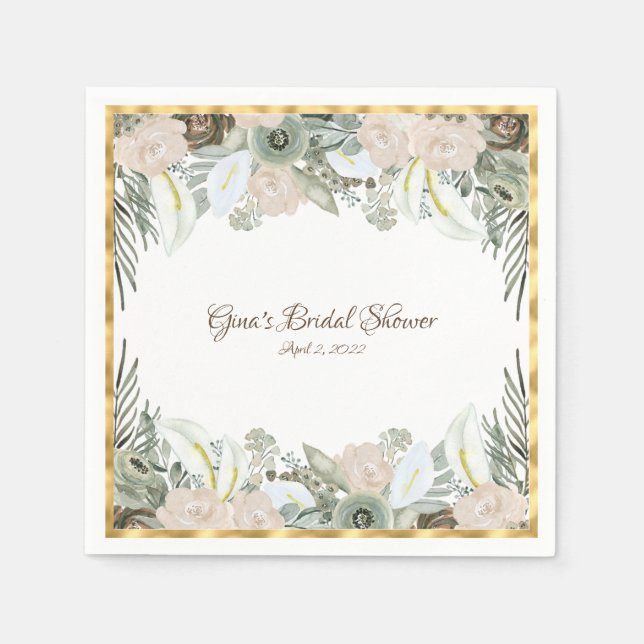 Serviette En Papier Sage Vert et crème Vanille Aquarelle Fleurs N (Devant)