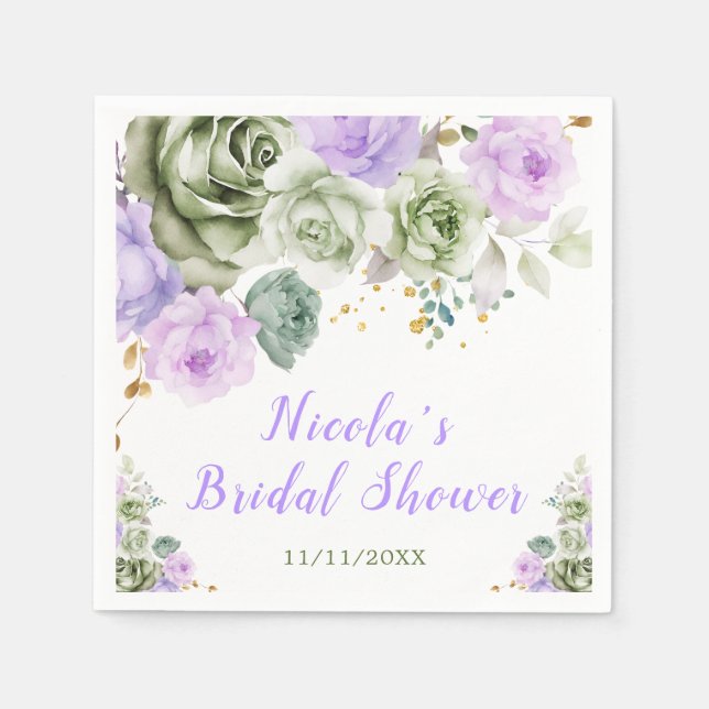 Serviette En Papier Sage Vert et Floral Violet Fête de Mariage (Devant)