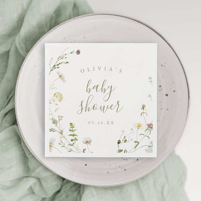 Serviette En Papier Sage Vert Fleur Sauvage Rustique Bohème Baby Showe (Elegant Wildflower Rustic Boho Baby Shower Napkins)