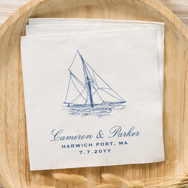 Serviette En Papier Sailboat Elegant Nautical Navy Blue Mariage (Sailboat Elegant Yacht Club Nautical Wedding Napkins in Navy Blue designed by Concertina Press)