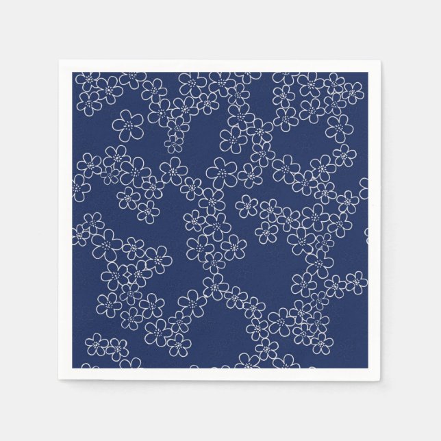 Serviette En Papier Sakura de cerisier japonais blanc sur bleu (Devant)