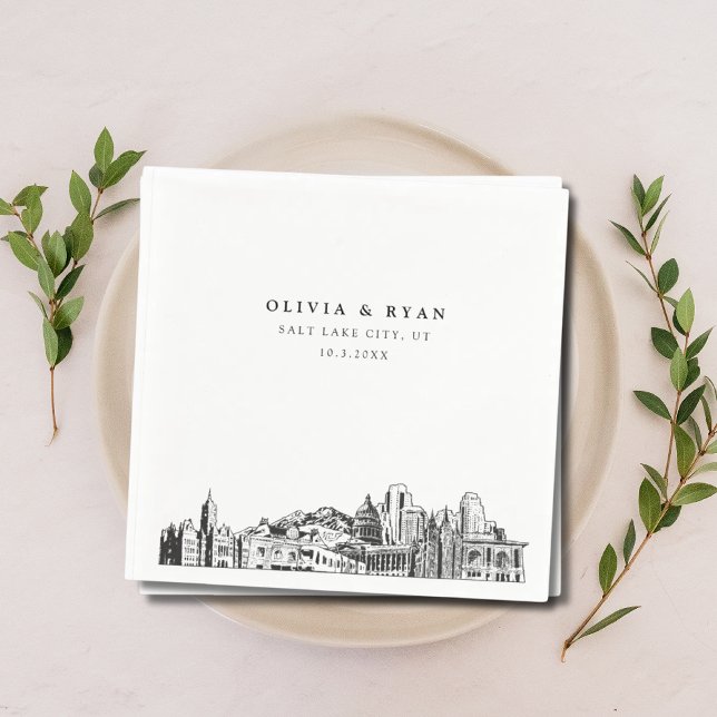 Serviette En Papier Salt Lake City Papier Mariage Cocktail Napkin (Salt Lake City wedding napkin skyline sketch)