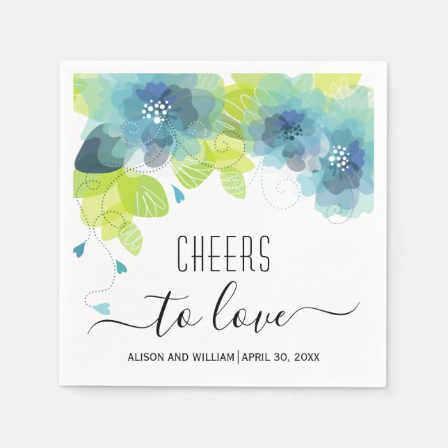 Serviette En Papier Salut à l'amour, fleurs bleues, mariage floraux (Devant)