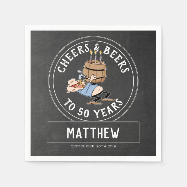 Serviette En Papier Salutations Et Bières 50e Anniversaire Noir Et Bla (Devant)