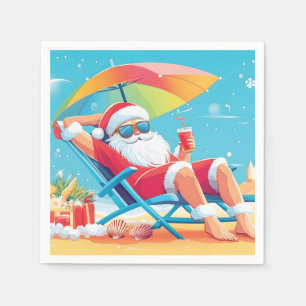 Serviette En Papier Santa Claus Se détendre sur une plage tropicale