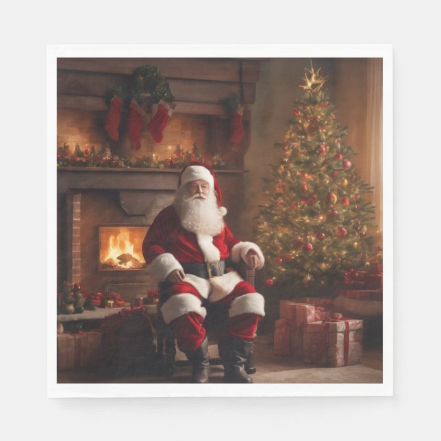 Serviette En Papier Santa Clause with Christmas Tree & Fireplace (Devant)