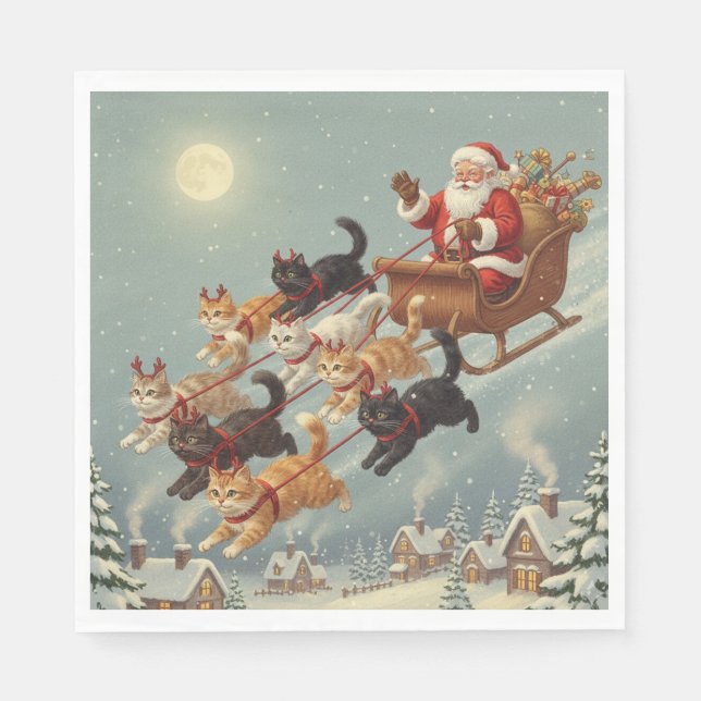 Serviette En Papier Santa Sleigh with Flying Cats Napkins (Devant)