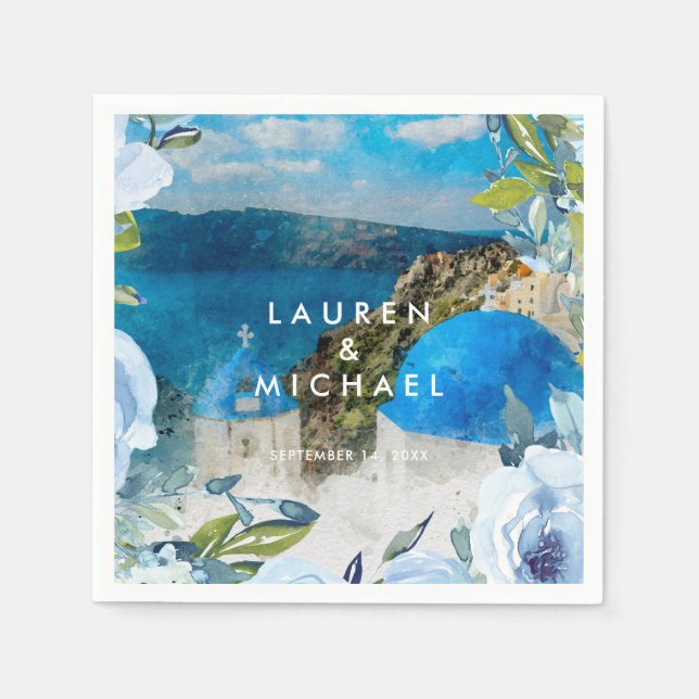 Serviette En Papier Santorin bleu floraux mariages été serviettes (Devant)