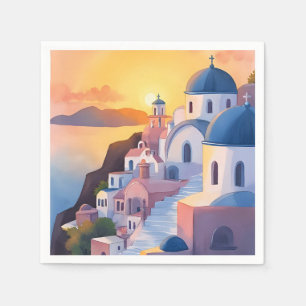 Serviette En Papier Santorin, Grèce Coucher de soleil sur la côte à