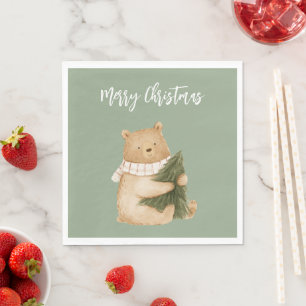 Serviette En Papier Sapin de Noël Ours Heureux Blanc Vert