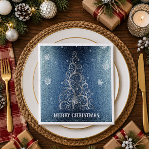 Serviette En Papier Sapin de Noël Paillettes et Flocons Bleu