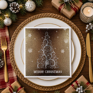 Serviette En Papier Sapin de Noël Paillettes et Flocons Or