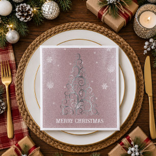 Serviette En Papier Sapin de Noël Paillettes et Flocons Rose