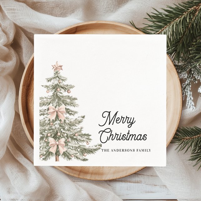 Serviette En Papier Sapin de Noël personnalisé avec ruban rose aquarel (Créateur téléchargé)