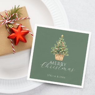 Serviette En Papier Sapin de Noël rustique dans un panier vert poussié
