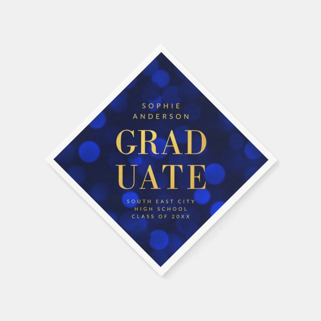 Serviette En Papier Sapphire Blue Bokeh Lights Faux Gold Graduate (Coin)