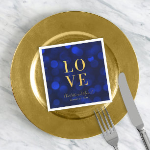 Serviette En Papier Sapphire Blue Bokeh Lights Faux Gold Love