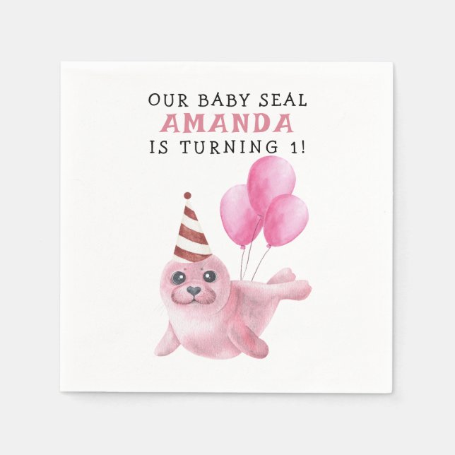 Serviette En Papier Sceau rose 1er anniversaire sous la mer (Devant)