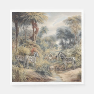 Serviette En Papier Scène botanique de zèbres et lions dans une oasis