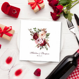 Serviette En Papier Script Aquarelle Bourgogne Rouge Floral Mariage