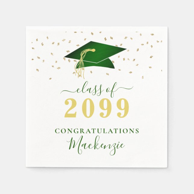 Serviette En Papier Script Confetti Or Vert Cap de Graduation (Devant)