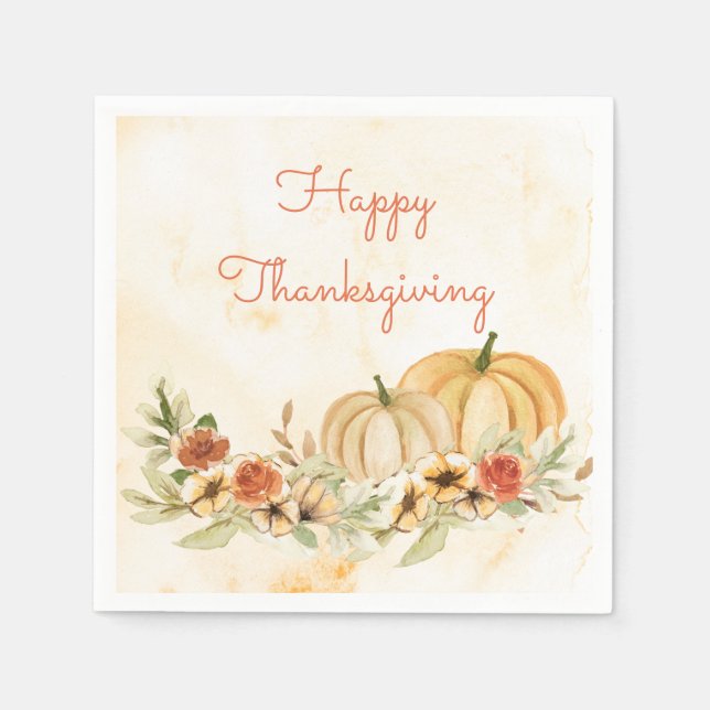 Serviette En Papier Script d'aquarelle florale Citrouille Thanksgiving (Devant)