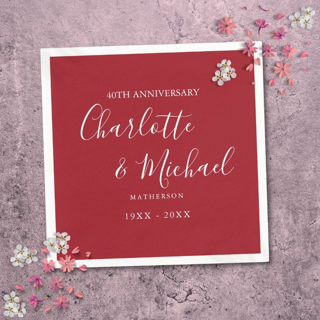 Serviette En Papier Script de signature du 40e anniversaire du Mariage (40th Wedding Anniversary Ruby Signature Script Napkins)