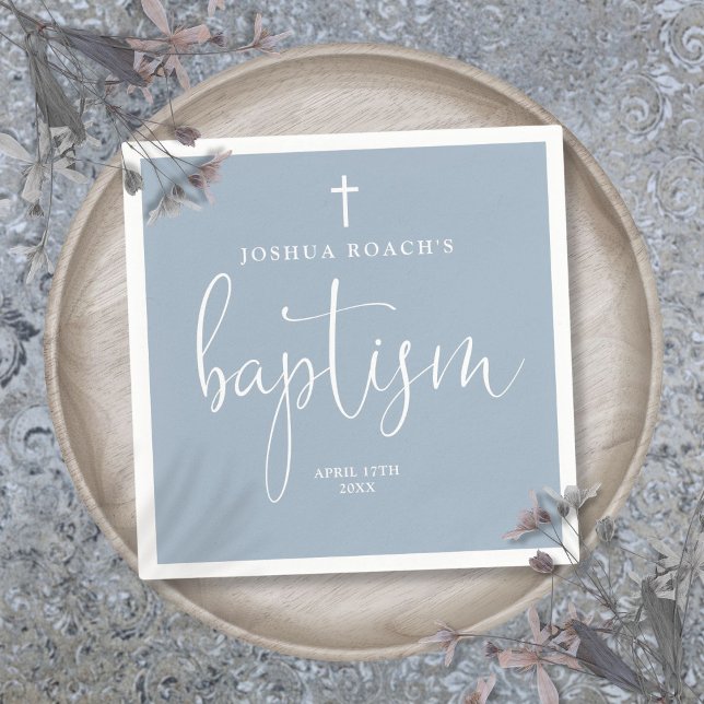 Serviette En Papier Script élégant moderne Dusty Baptême bleu (Modern Elegant Script Dusty Blue Baptism Napkins)