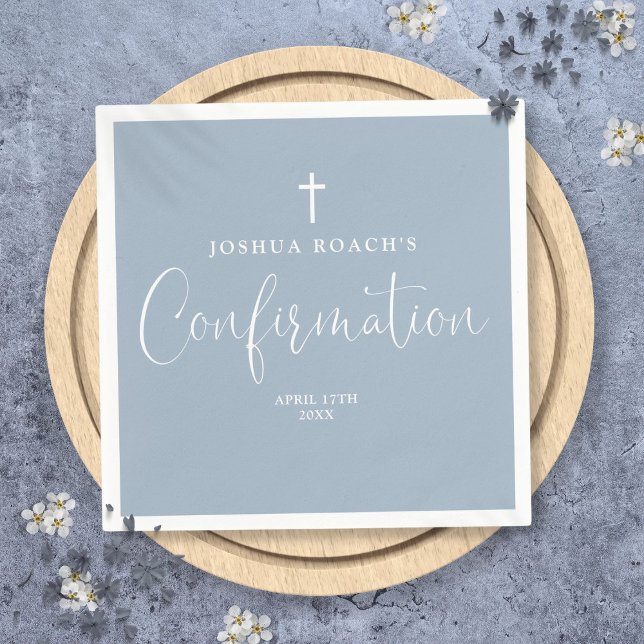 Serviette En Papier Script élégant moderne Dusty Blue Confirmation (Modern Elegant Script Dusty Blue Confirmation Napkins)